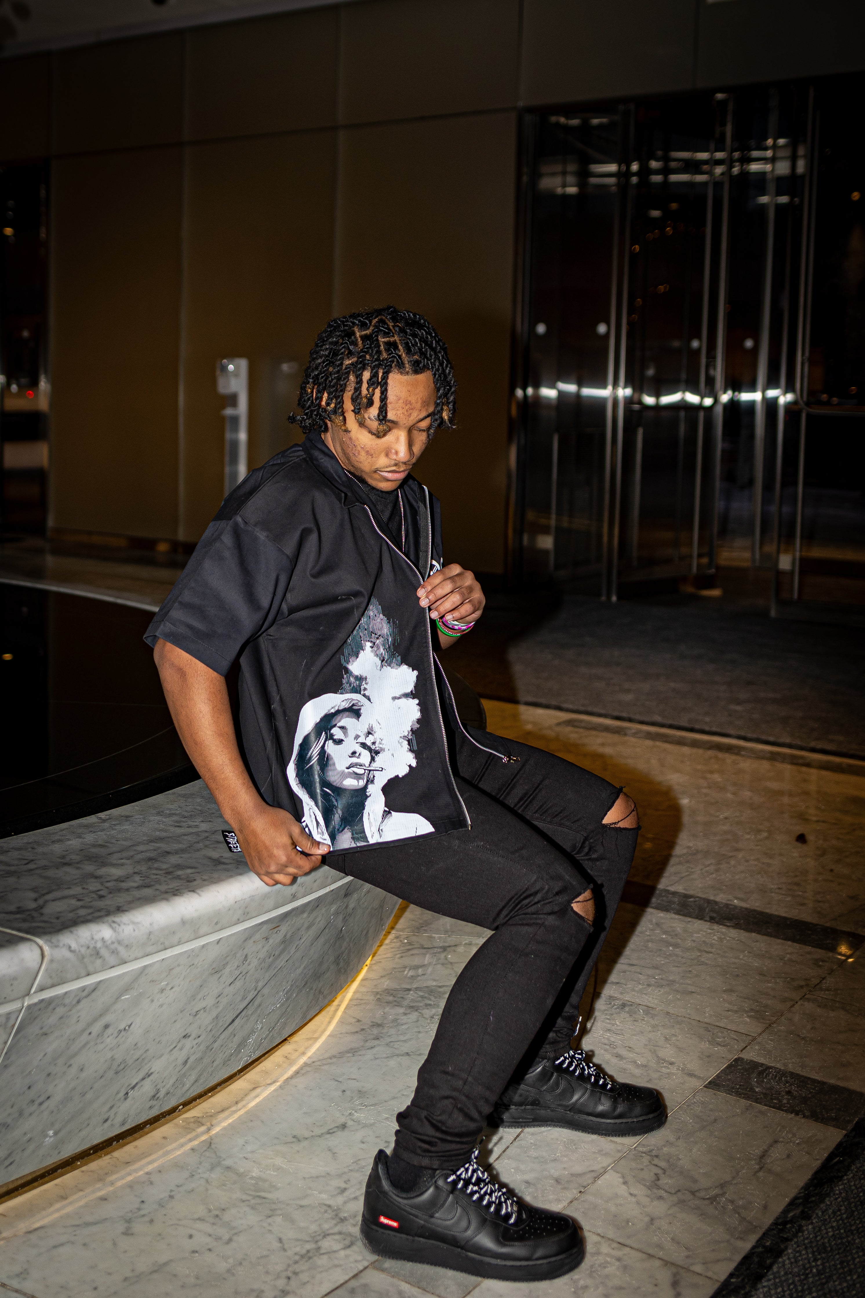 SOSA BRAND BLACK ZIPPED SHORT-SLEEVE SHIRT