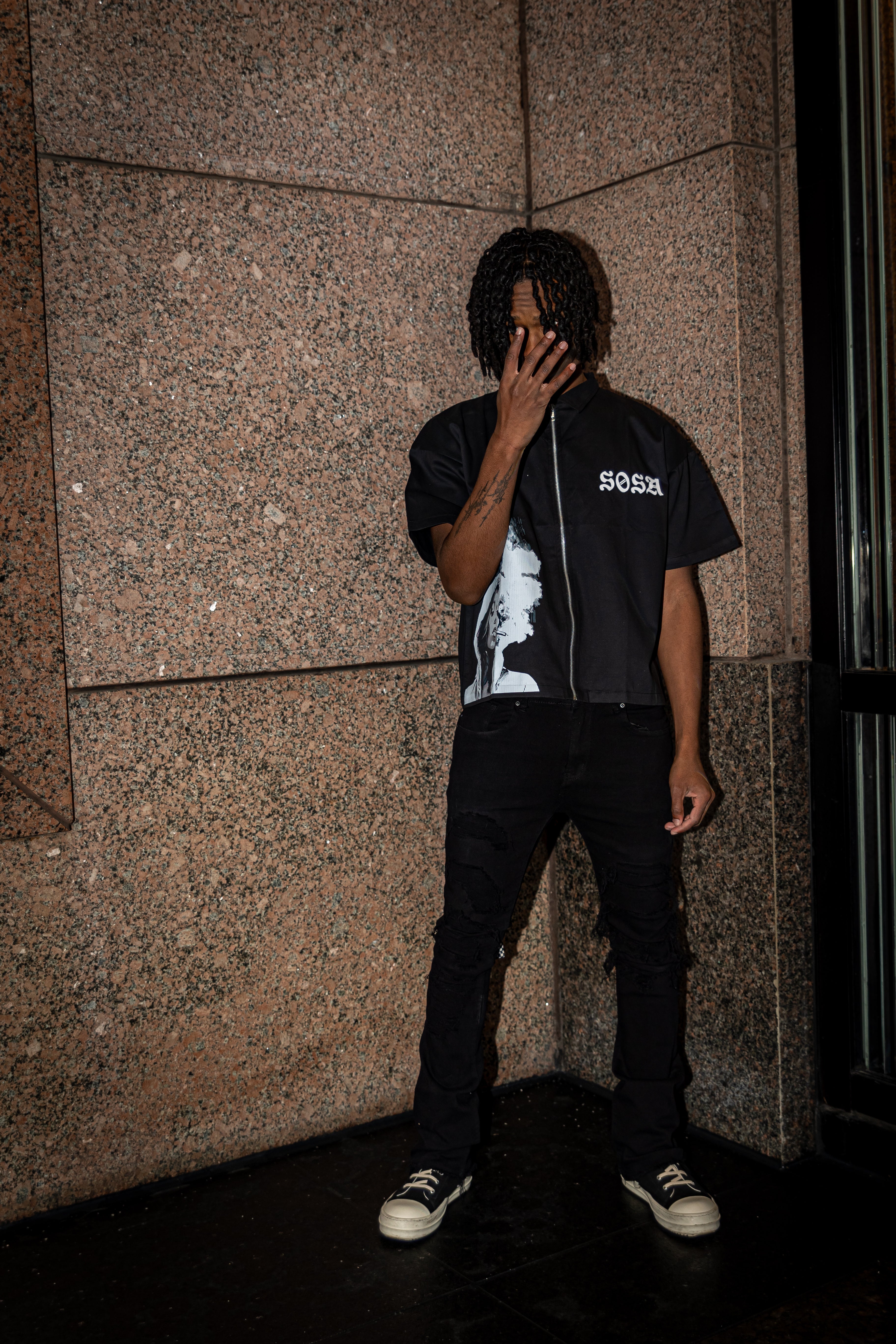 SOSA BRAND BLACK ZIPPED SHORT-SLEEVE SHIRT